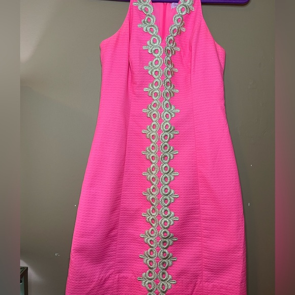 Lilly Pulitzer Bungalow Pin Hot Pink Gold Crochet Shift Dress - Picture 3 of 3